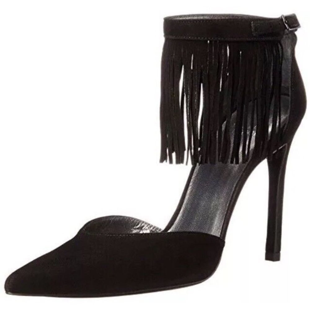Stuart Weitzman Fringelica Fringe Black Suede Ankle Strap Pump N4543 Size 9